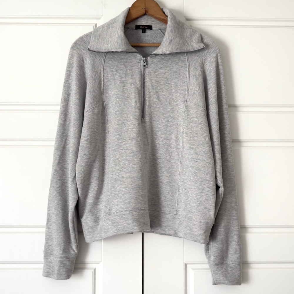 Quince SuperSoft Fleece Half Zip Pullover Womens Large Heather Gray Mock Neck